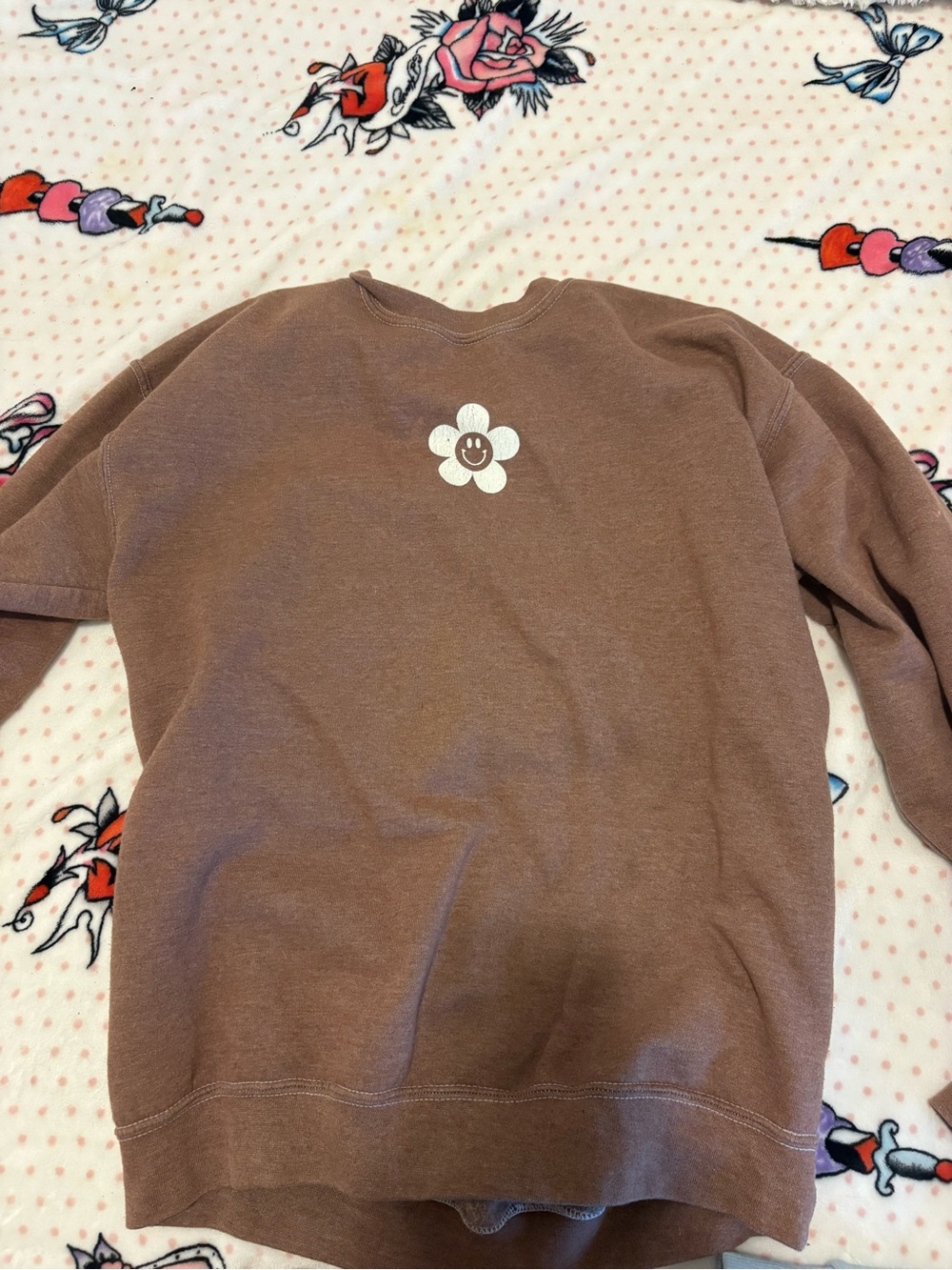 PacSun Brown Crewneck Sweatshirt with White Smiley Flower